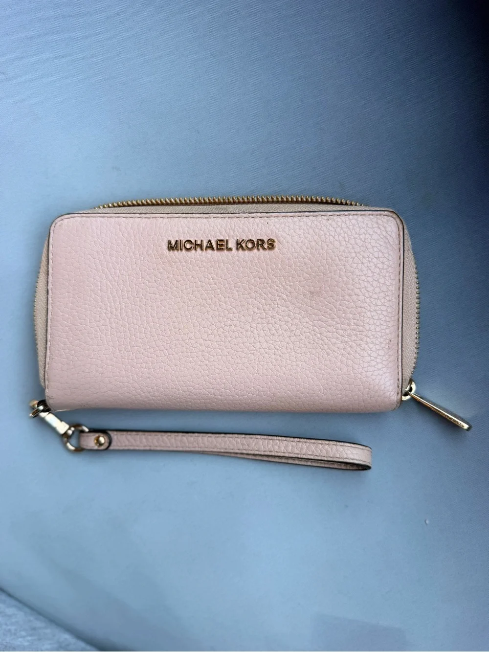 Michael Kors Jet Set Travel Double Zip Leather Wristlet Wallet Blush Pink Gold